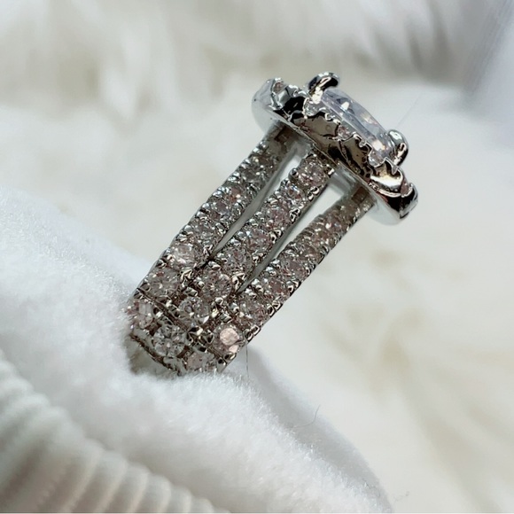 14k white gold 3 CT diamond ring round cut pave halo antique 7 style engagement - Picture 7 of 11